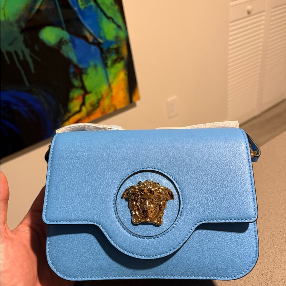 Versace Light Blue Leather Crossbody with Gold Medusa Emblem $1609 Retail